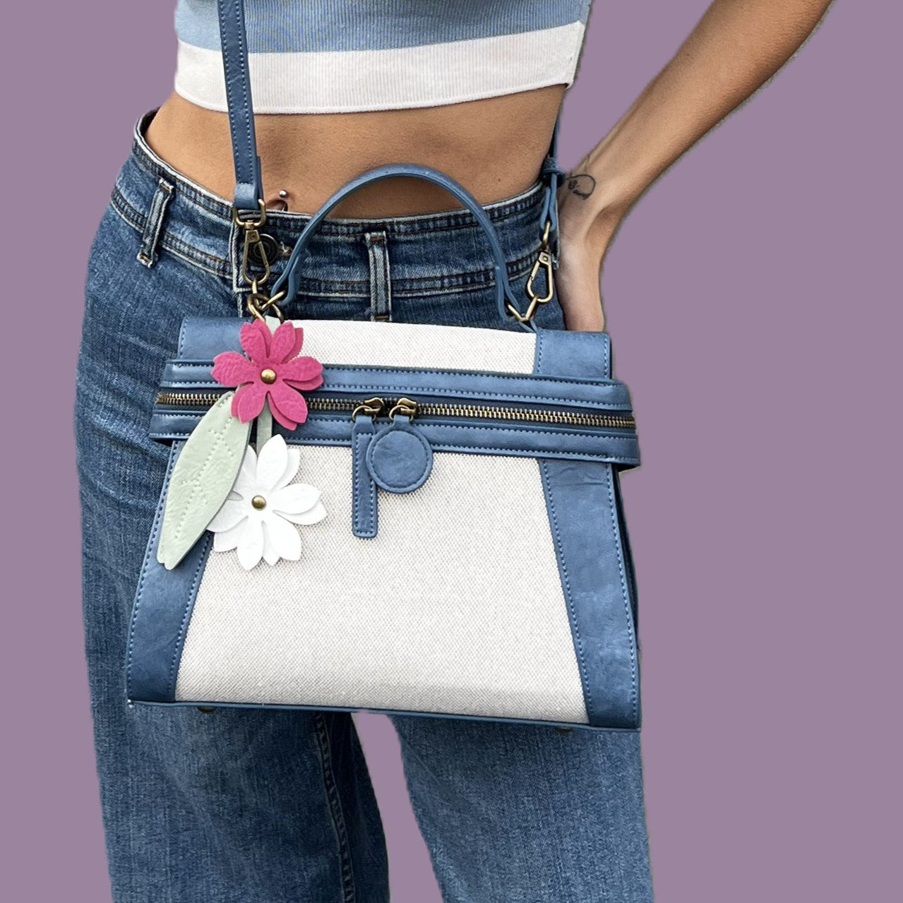 Emma Navy Linen Flower | Crossbody Bag