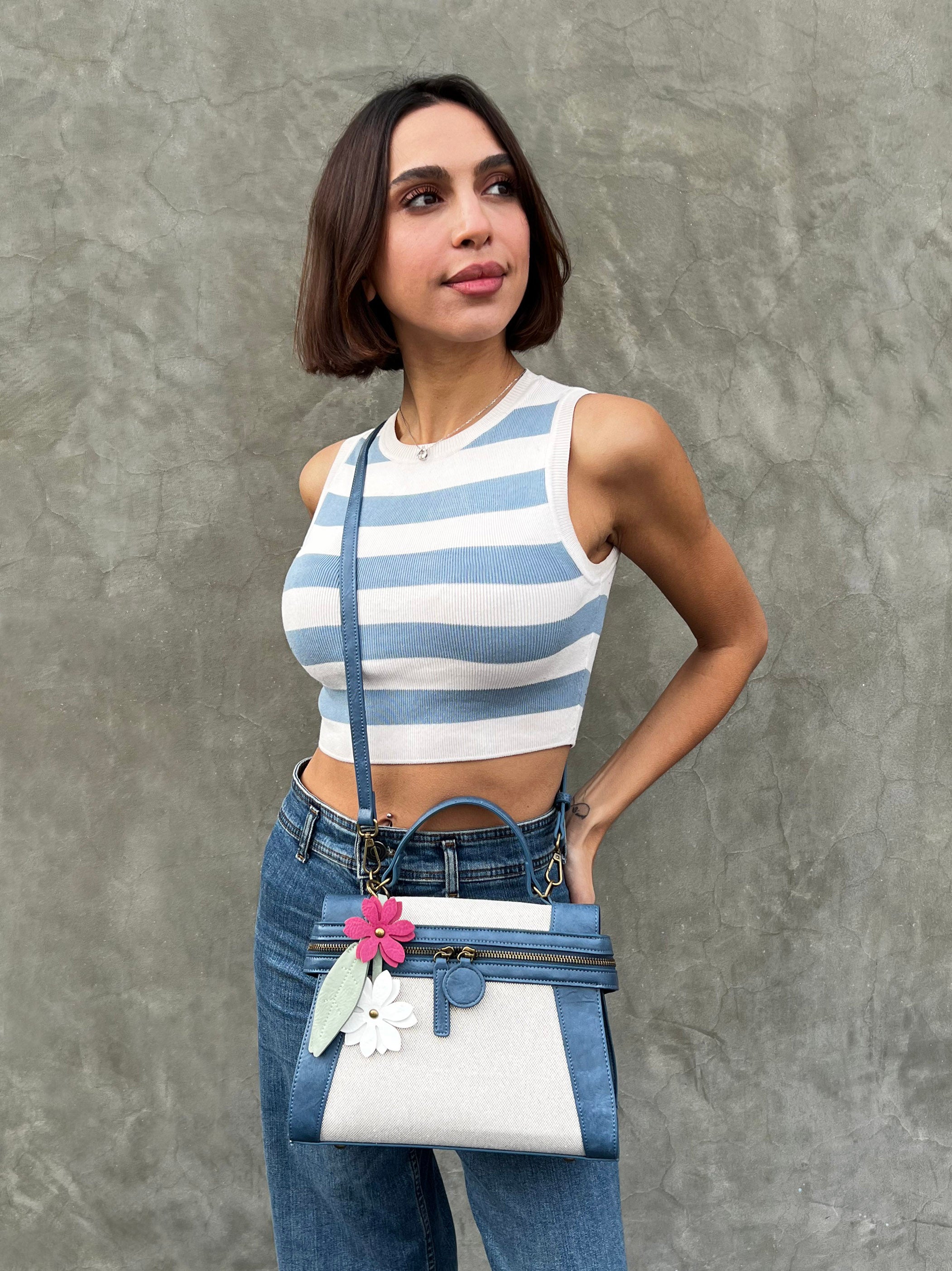 Emma Navy Linen Flower | Crossbody Bag