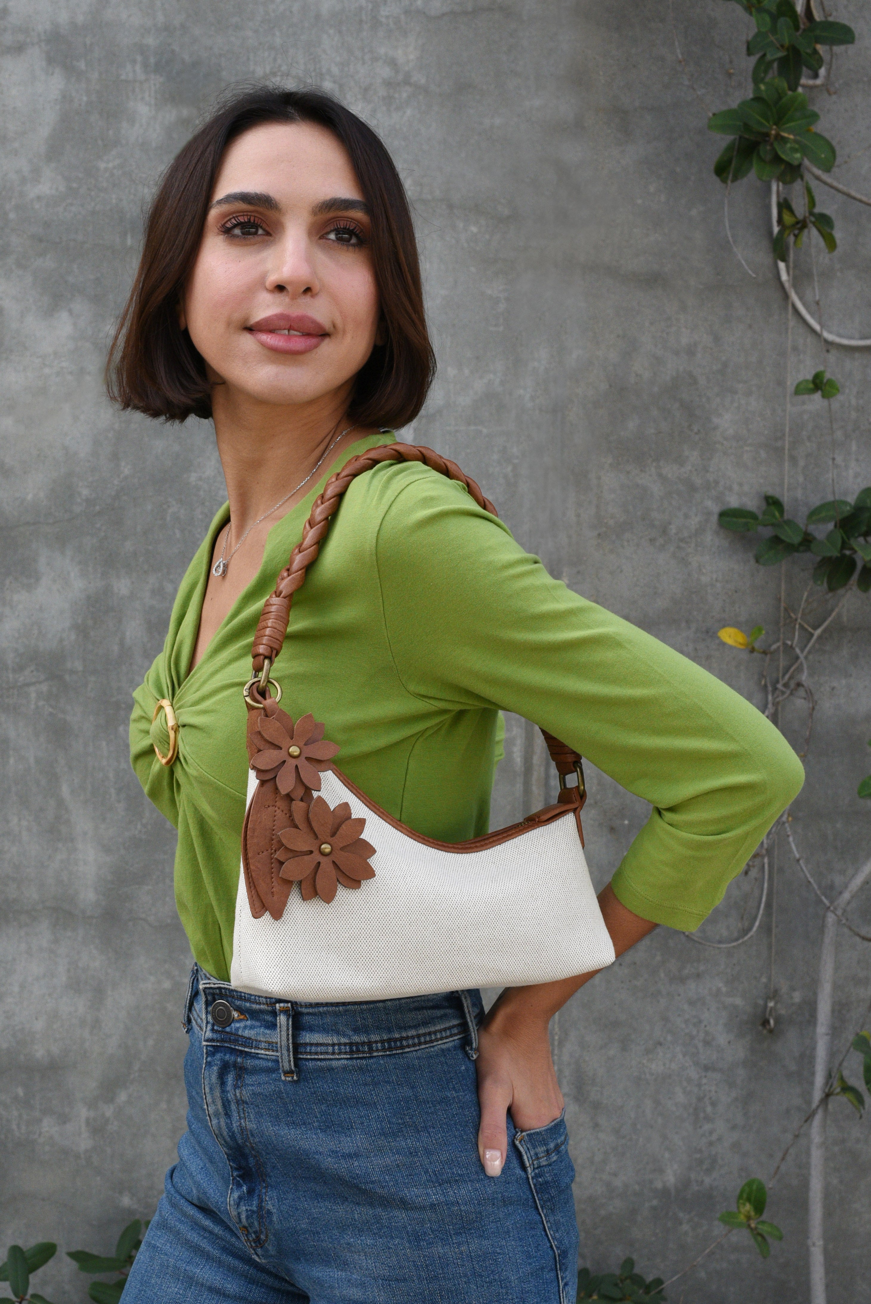 Riley Brown Linen Flower | Crossbody Bag